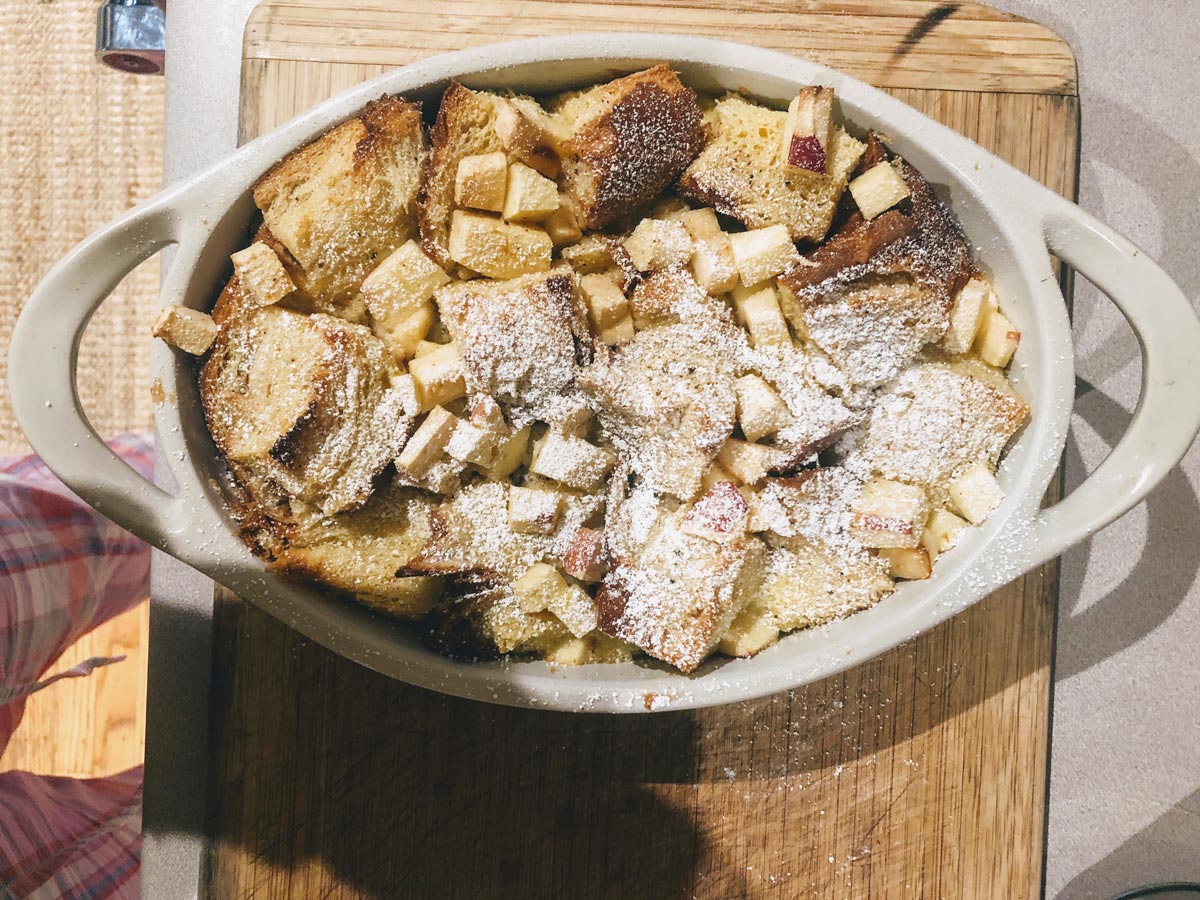a baking dish with bread pudding